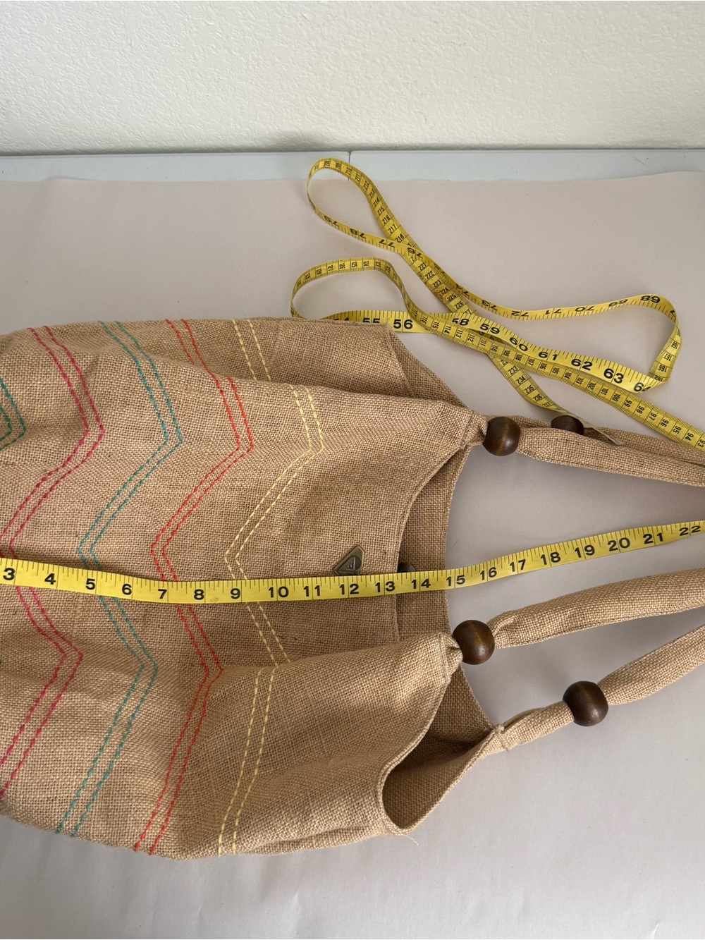 Roxy Vintage Women's Tan Chevron-Striped Rainbow Canvas Tote with Wooden Beads - Picture 7 of 7